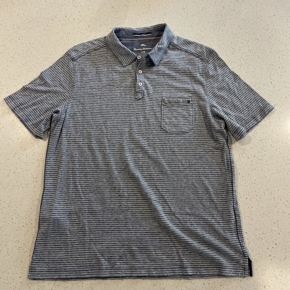 TOMMY BAHAMA POLO SHIRT MEN'S L SHORT SLEEVE BLUE WHITE STRIPE Recycled Material
